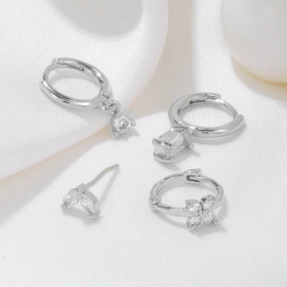 Stacking 4 Pieces Geometric Zircon Stud Earring Set, 18k Gold Plated Ear Studs and Drops, Trendy Sweet Cool Earrings, S925 Needle