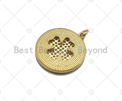 CZ Gold Clover On Green/Pink/Black/White/Red/Blue Enamel Round Coin Shape Pendant, 18K Gold Enamel Charm, Enamel Jewelry, 25x28mm,Sku#B131