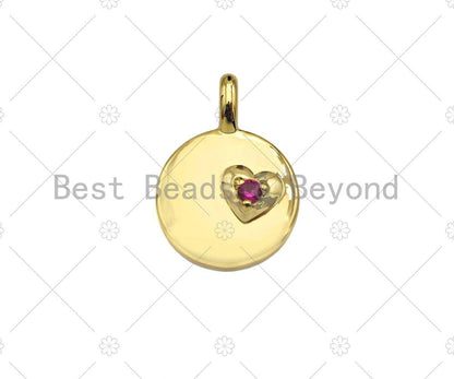 Fuchsia CZ Micro Pave Heart On Round Coin Shape Charm,18K Dianty Gold Medallion  Charm, Necklace Bracelet Charm Pendant,13x18mm, Sku#LK257