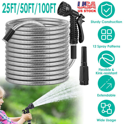 Stainless Steel Garden Hose with 7-Pattern Nozzle