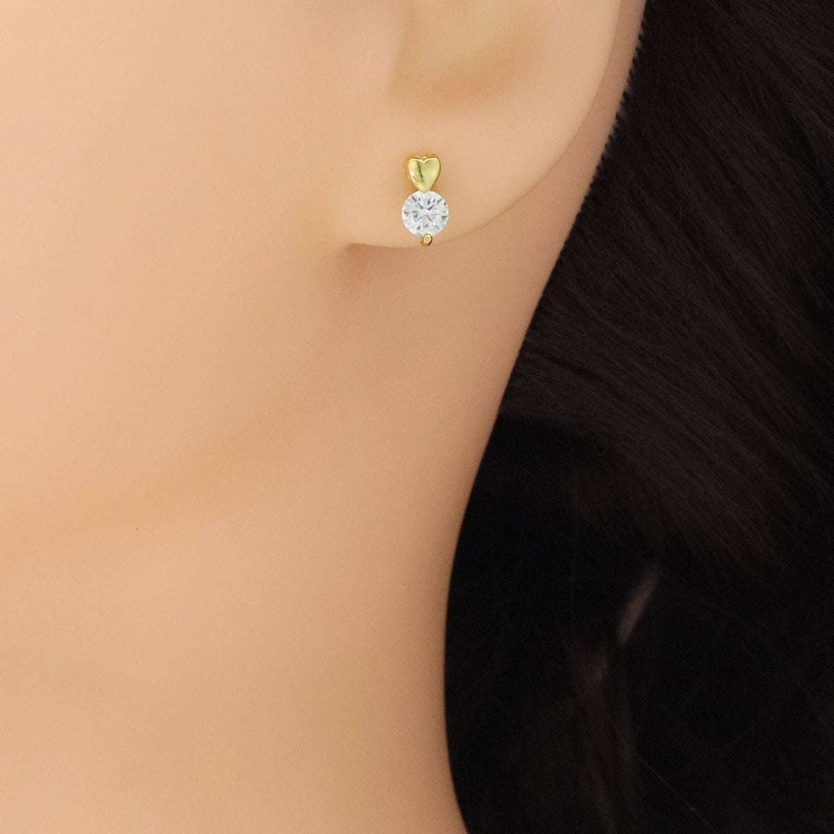 Clear CZ Heart Dot Gold Silver Stud Earrings, Sku#A206