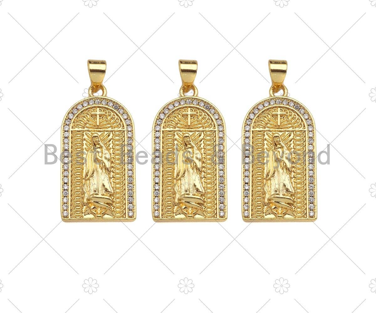 CZ Micro Pave Virgin Mary On Arched Door Shape Pendant/Charm,Cubic Zirconia Charm, 14x27mm, Sku#LD28