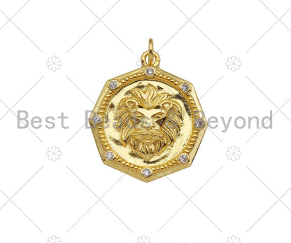 Gold Filled CZ Micro Pave Embossed Lion Head On Round Shape Pendant,18K Gold Filled Lion Charm, Necklace Bracelet Pendant,21x25mm,Sku#LK338