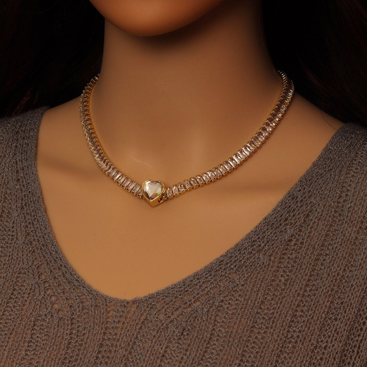 Baguette CZ Tennis Chain Removable Heart Center Necklace, Sku#A383