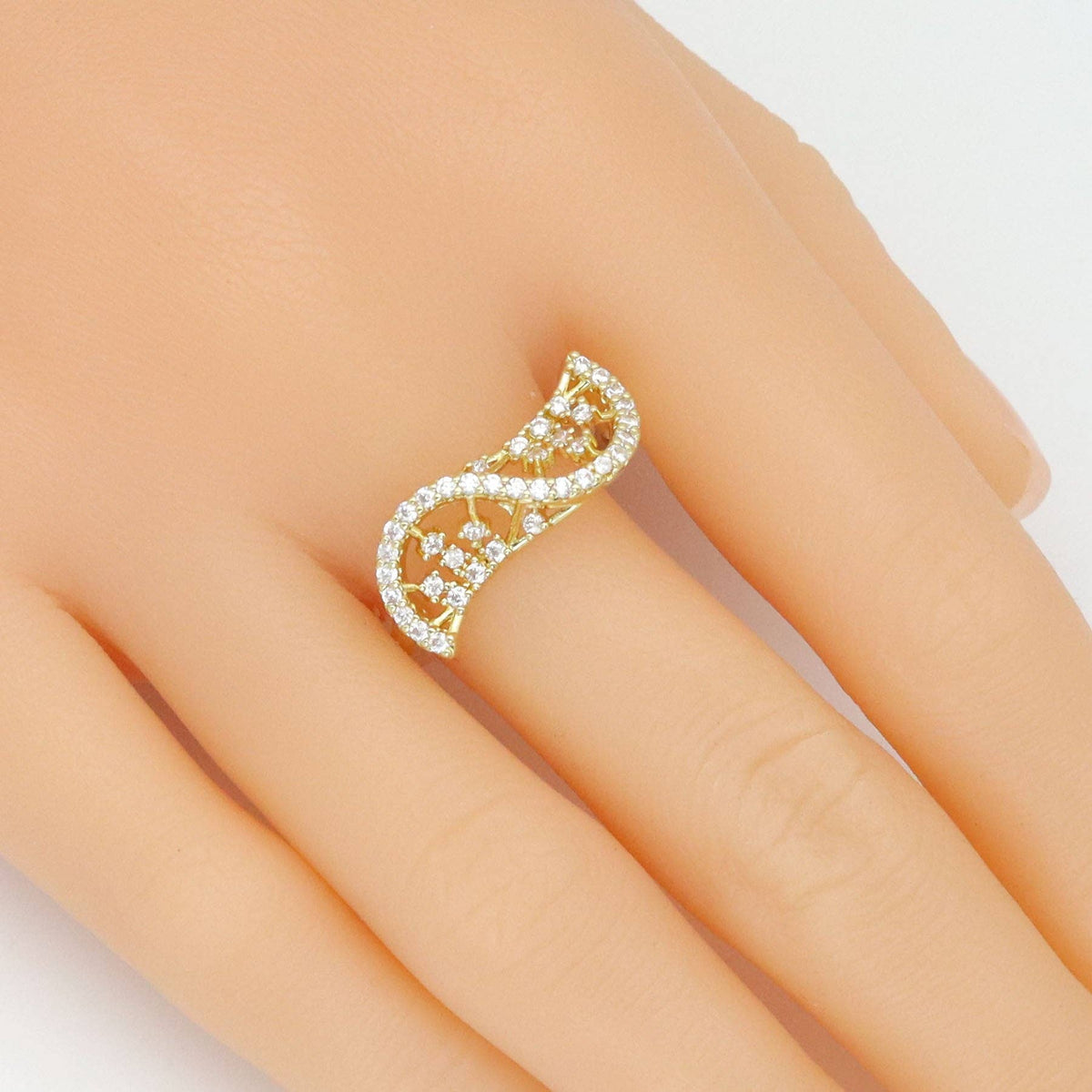 Gold Silver CZ Twisted Fan Statement Adjustable Ring, Sku#A424