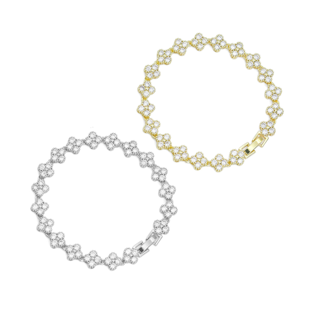 Clear CZ  CloverFlower Link Gold Silver Adjustable Bracelet, Sku#A228