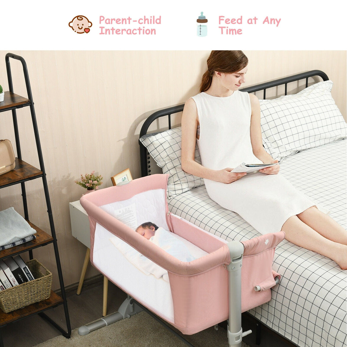 Travel Portable Baby Bed Side Sleeper  Bassinet Crib with Carrying Bag-Pink