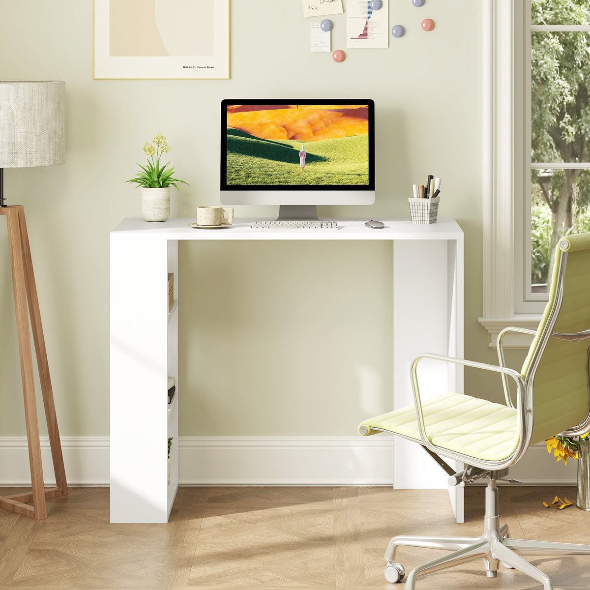 36 Inch White Computer Desk with 3 Open Shelves for Home Office Study-White