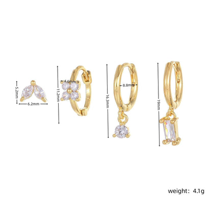 Stacking 4 Pieces Geometric Zircon Stud Earring Set, 18k Gold Plated Ear Studs and Drops, Trendy Sweet Cool Earrings, S925 Needle