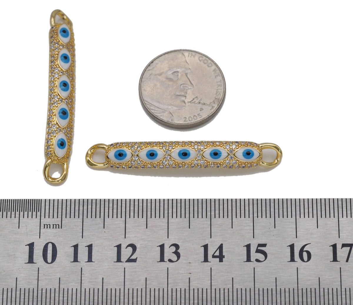Gold CZ Enamel Evil Eye Long Bar Connector, Sku#LD330