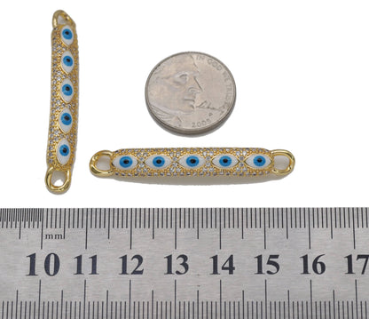 Gold CZ Enamel Evil Eye Long Bar Connector, Sku#LD330