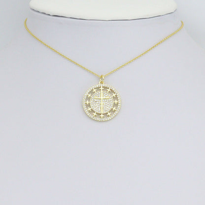 Clear CZ Gold Cross On Round Charm Pendant, Sku#L727