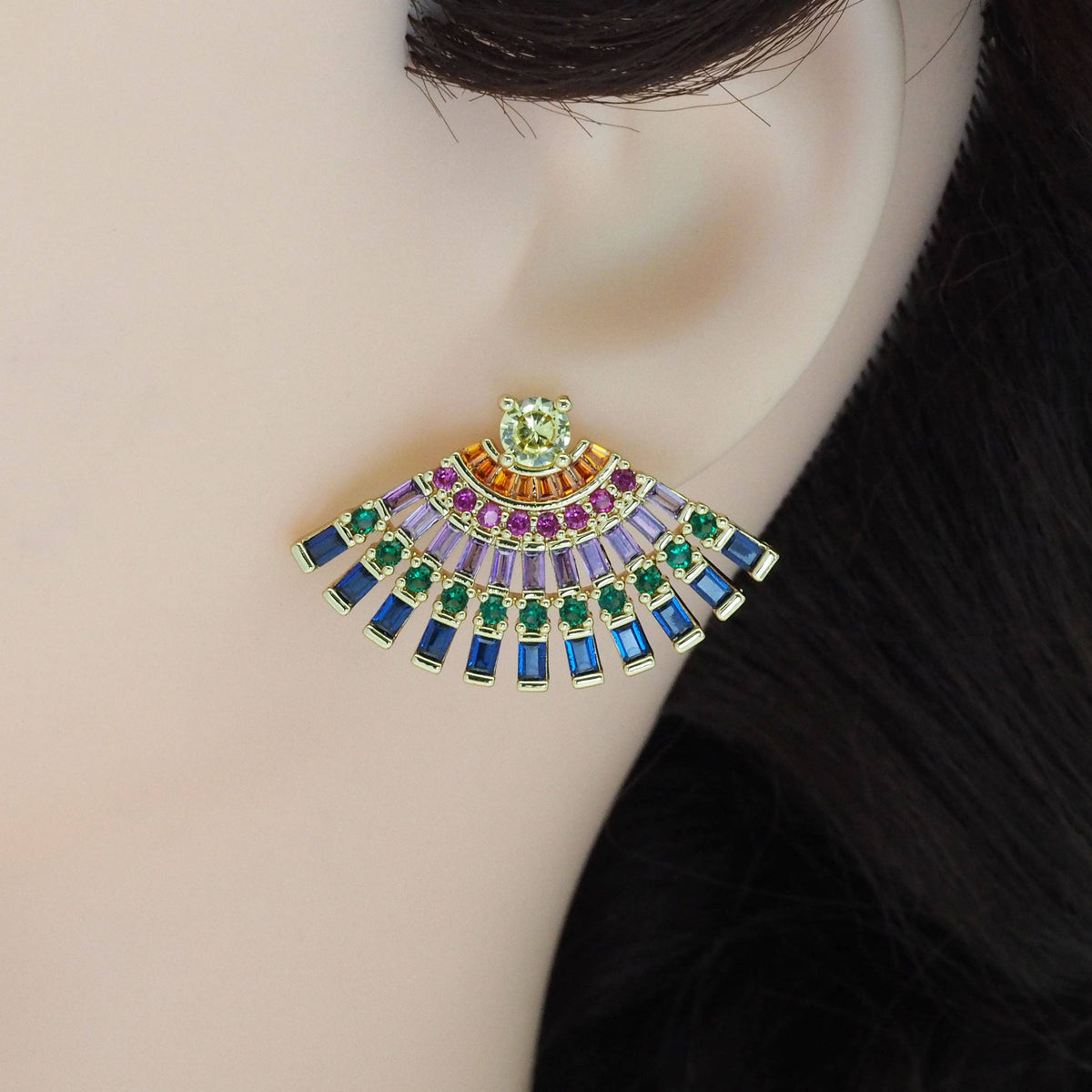 Gold Colorful Baguette CZ Fan Shape Stud Earrings, Sku#LD452