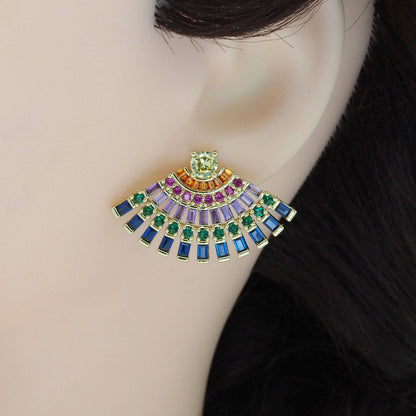 Gold Colorful Baguette CZ Fan Shape Stud Earrings, Sku#LD452