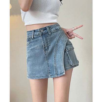 Retro Distressed Figure-flattering Asymmetrical A-line Mini Skirt