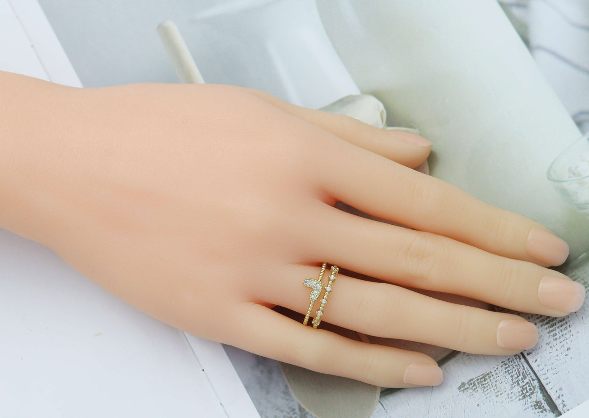 CZ Tiny Gold Heart Double Line Ring, Sku#LD337