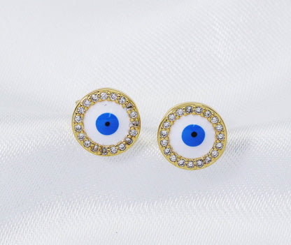CZ Enamel Round Evil Eye Stud Earrings, Sku#LD273