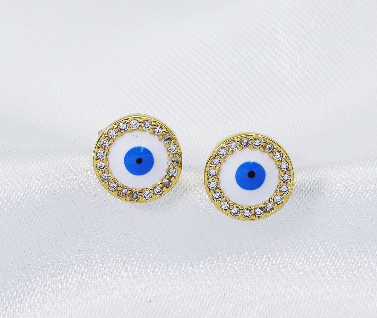 CZ Enamel Round Evil Eye Stud Earrings, Sku#LD273