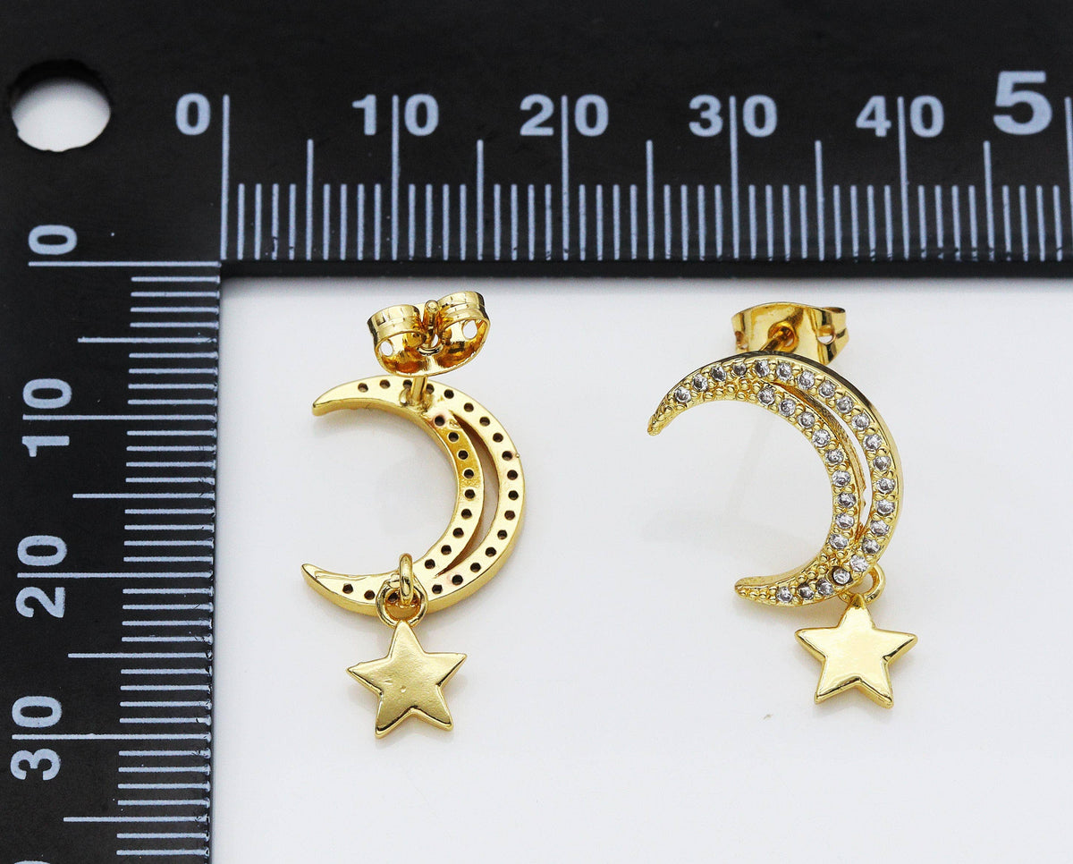 CZ Cresent Moon with Dangle Star Stud Earrings, Sku#LD301