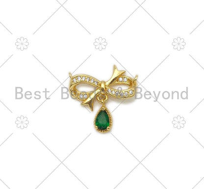 Emerald Green Teardrop CZ Micro Pave Bowknot Shape Pendant/Charm,18K Gold Filled Charm, Necklace Bracelet Charm Pendant,20x19mm,Sku#LK401
