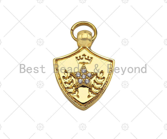 CZ Micro Pave Five Star Crown On Shield  Shape Pendant/Charm,Cubic Zirconia Charm, Shield Necklace Bracelet Charm Pendant,19x25mm, Sku#L473