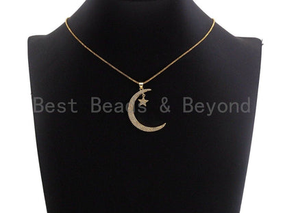 CZ Micro Pave Crescent Moon and Star Pendant ,Gold/Silver/Bl