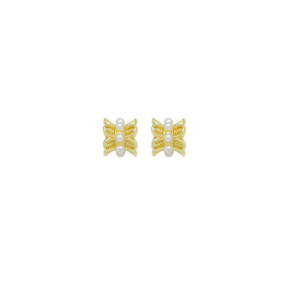 CZ White Pearl Gold Flower Tube Charm Spacer Beads, Sku#A422