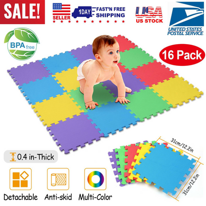 16Pcs Kids Puzzle Exercise Play Mat Interlocking Non-Toxic EVA Floor Mat Multi-Color Anti-Skid Playmat for Infants Baby Toddlers