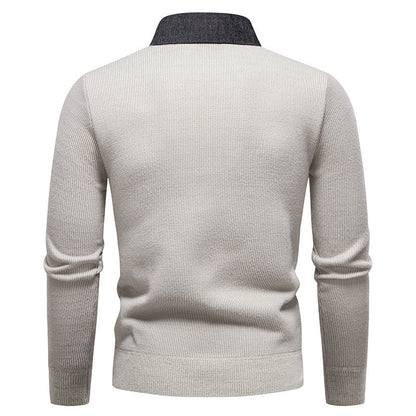 Mens Faux Two-piece Base-layer Knit Casual Shirt-collar Sweater