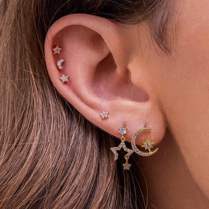 Stacking 6 Pieces Celestial Star & Moon Earring Set, 18k Gold Plated Stud & Drop, S925 Needle, Stacked Lobe Designs with Dazzling Zirconia