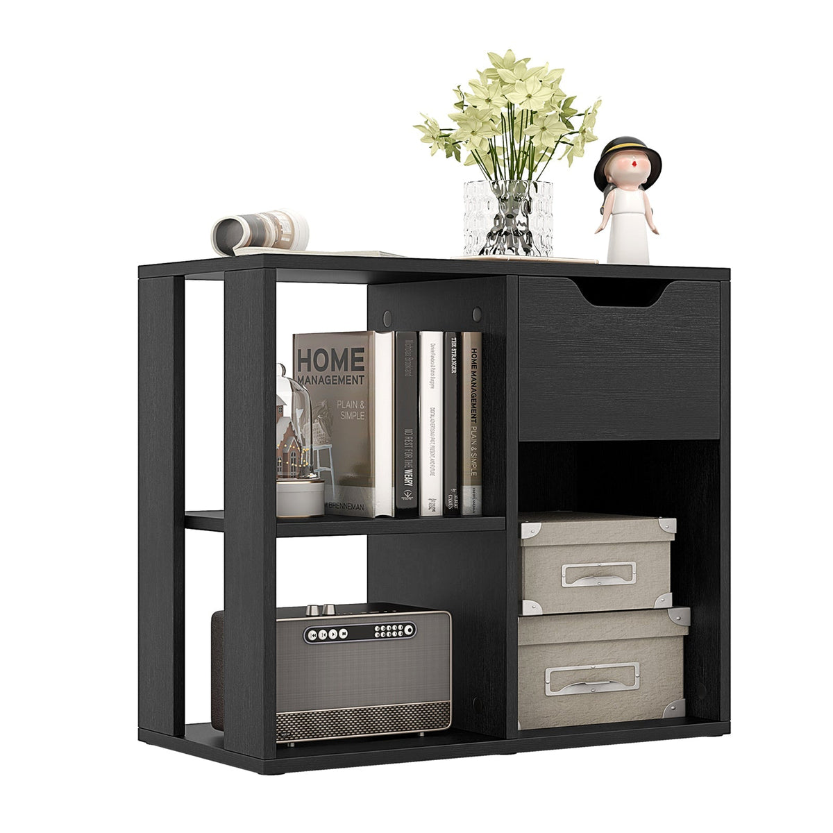 3-Cube Bookcase 2-tier Wooden Storage Shelf with Pull-out Drawer-Brown