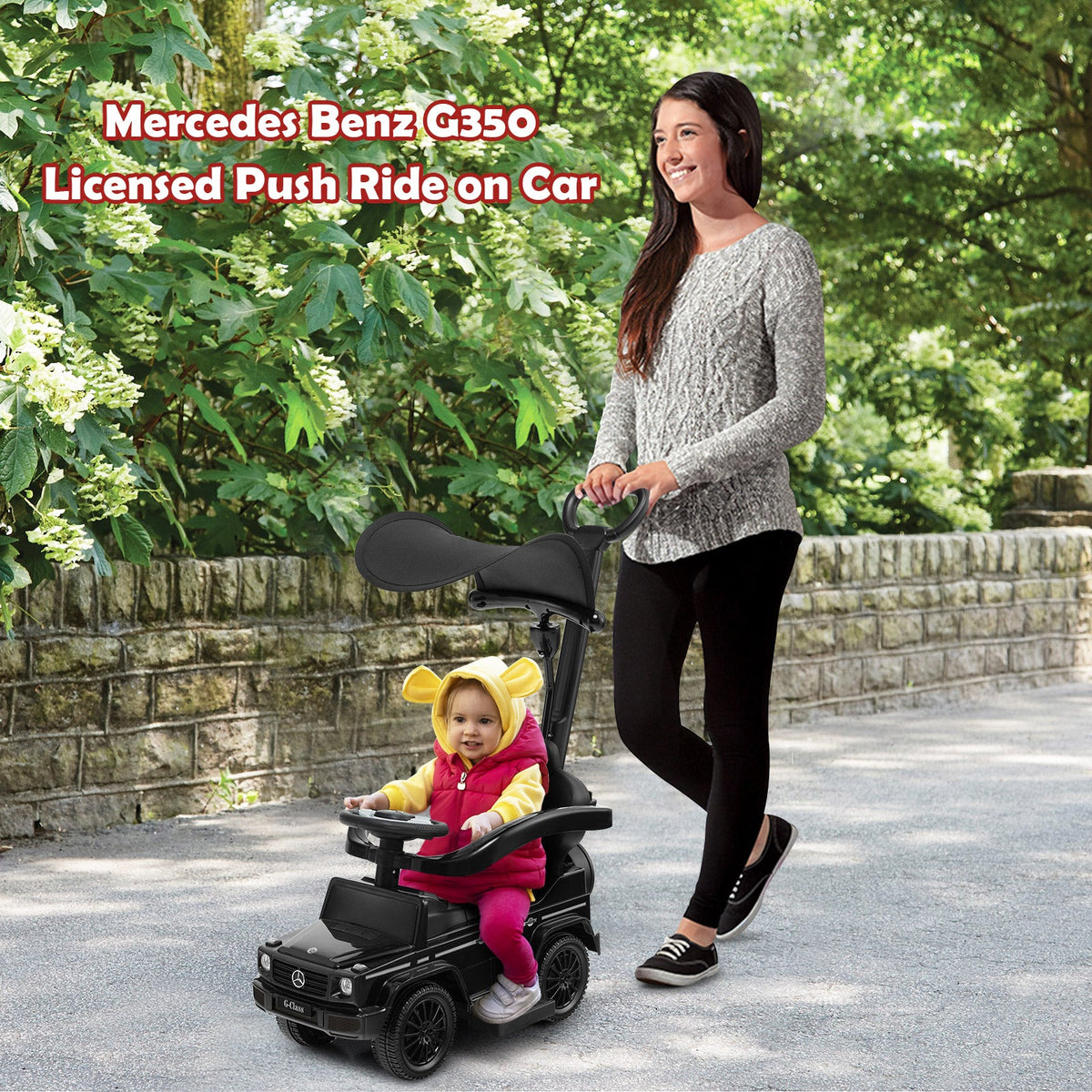 3-In-1 Ride on Push Car Mercedes Benz G350 Stroller Sliding Car with Canopy-Black