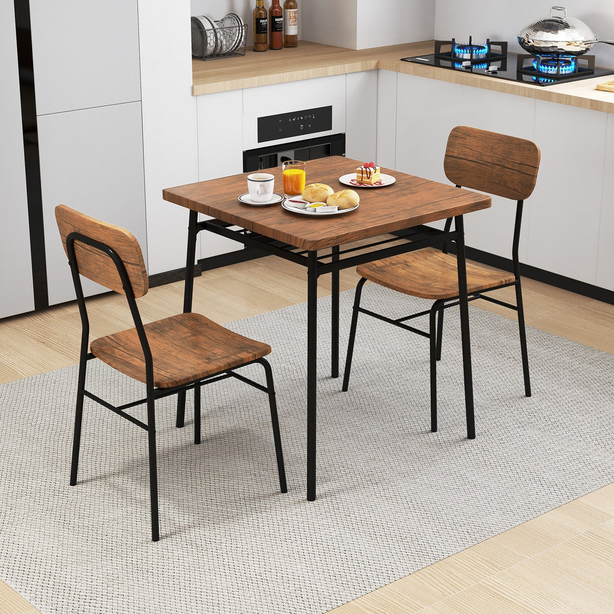 3 Piece Dining Table Set for 2 Wood Square Table with Metal Frame-Brown