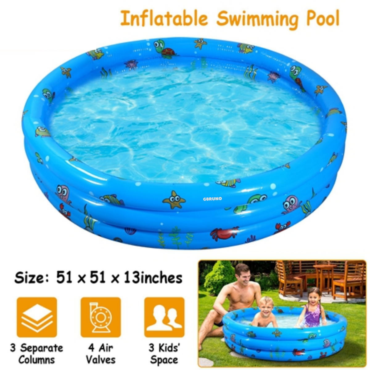51x13Ó Inflatable Swimming Pool Blow Up Family Pool For 3 Kids Foldable Swim Ball Pool Center w/ 4 Valves Bottom Water Drain Plug For Indoor Backyard