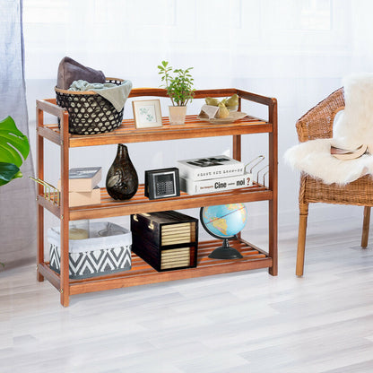 2-Tier Acacia Wood Shoe Rack with 4 Side Metal Hooks