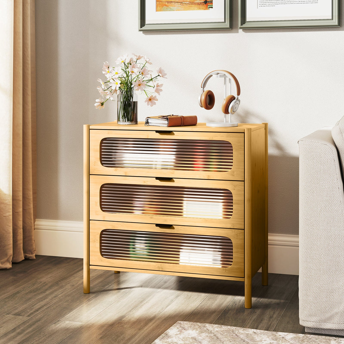 3 Drawer Mid Century Modern Chest of Drawers with Reeded Tempered Glass Front-Natural