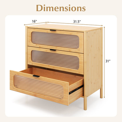 3 Drawer Mid Century Modern Chest of Drawers with Reeded Tempered Glass Front-Natural
