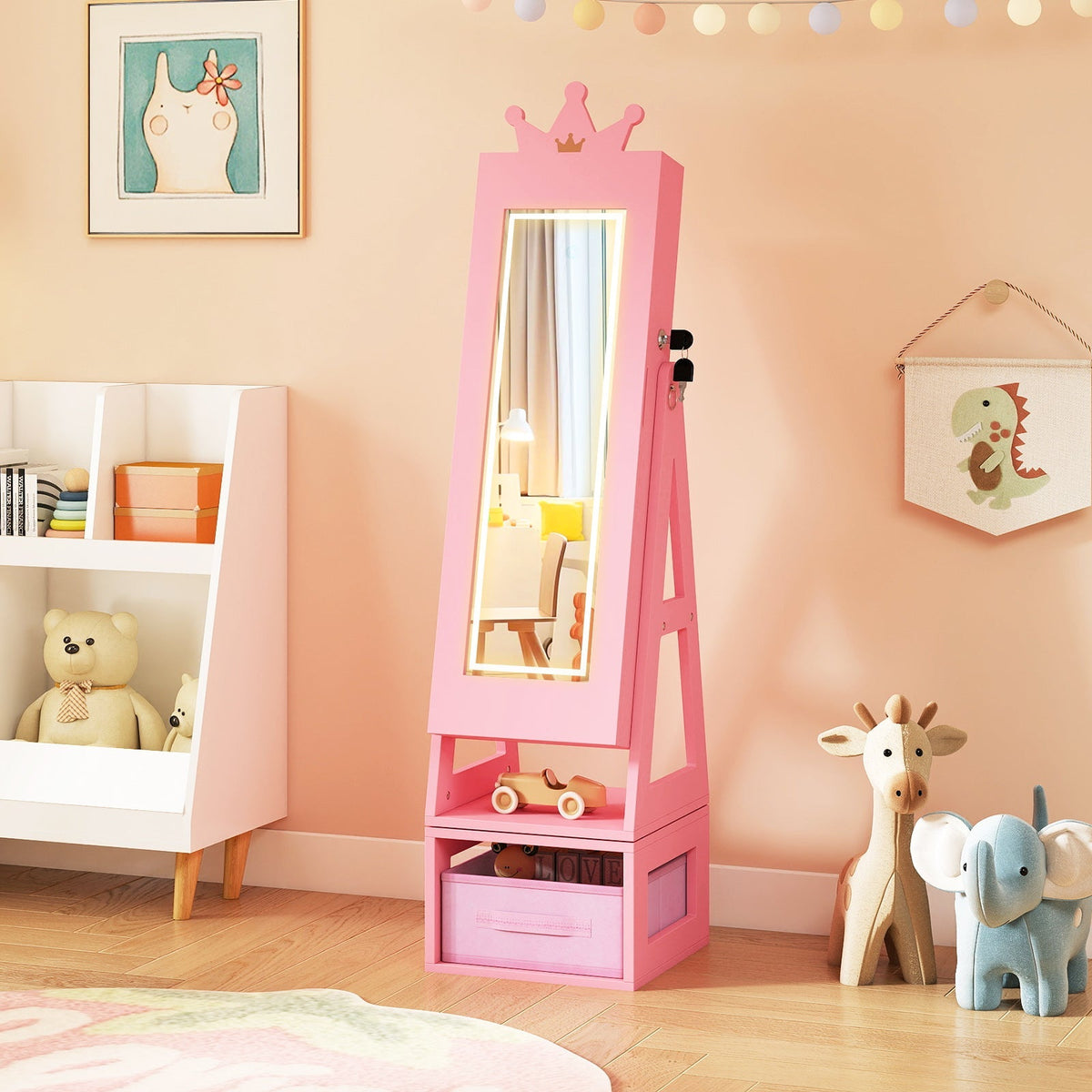 3 In 1 Kids Jewelry Cabinet with 3-Color Lighted Full Length Mirror