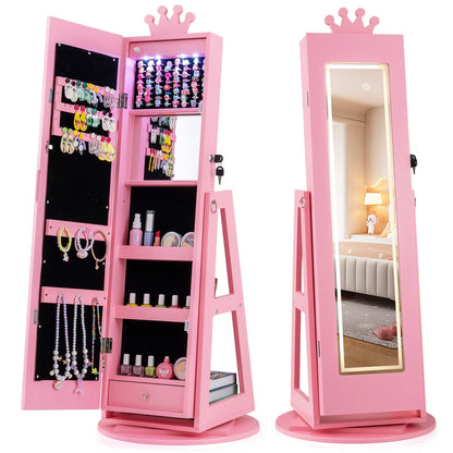 3 In 1 Kids Jewelry Cabinet with 3-Color Lighted Full Length Mirror and Internal Mirror