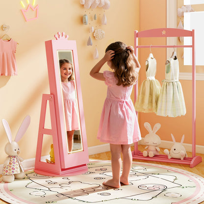3 In 1 Kids Jewelry Cabinet with 3-Color Lighted Full Length Mirror and Internal Mirror