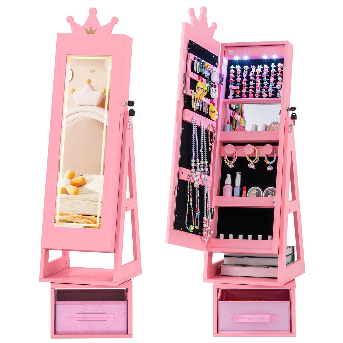 3 In 1 Kids Jewelry Cabinet with 3-Color Lighted Full Length Mirror