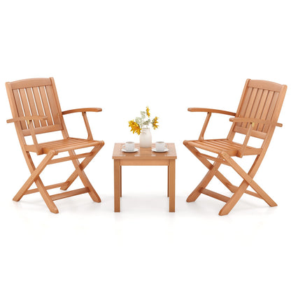 3 PCS Eucalyptus Wood Patio Bistro Set with 2 Folding Arm Chairs