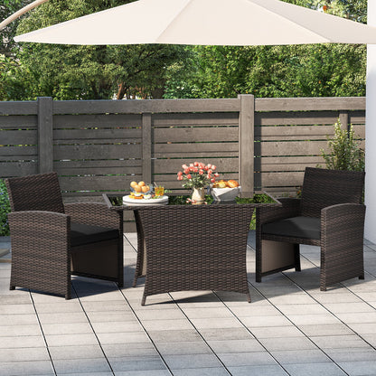 3 Piece Patio Wicker Dining Set with Rectangle Tempered Glass Dining Table-Brown
