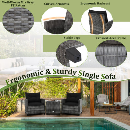 3 Pieces Outdoor Wicker Conversation Set with Tempered Glass Tabletop