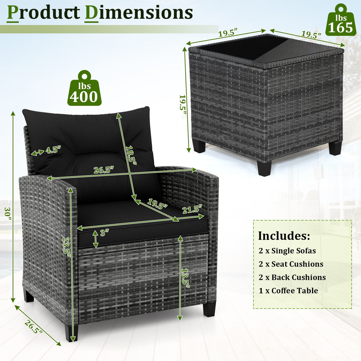 3 Pieces Outdoor Wicker Conversation Set with Tempered Glass Tabletop