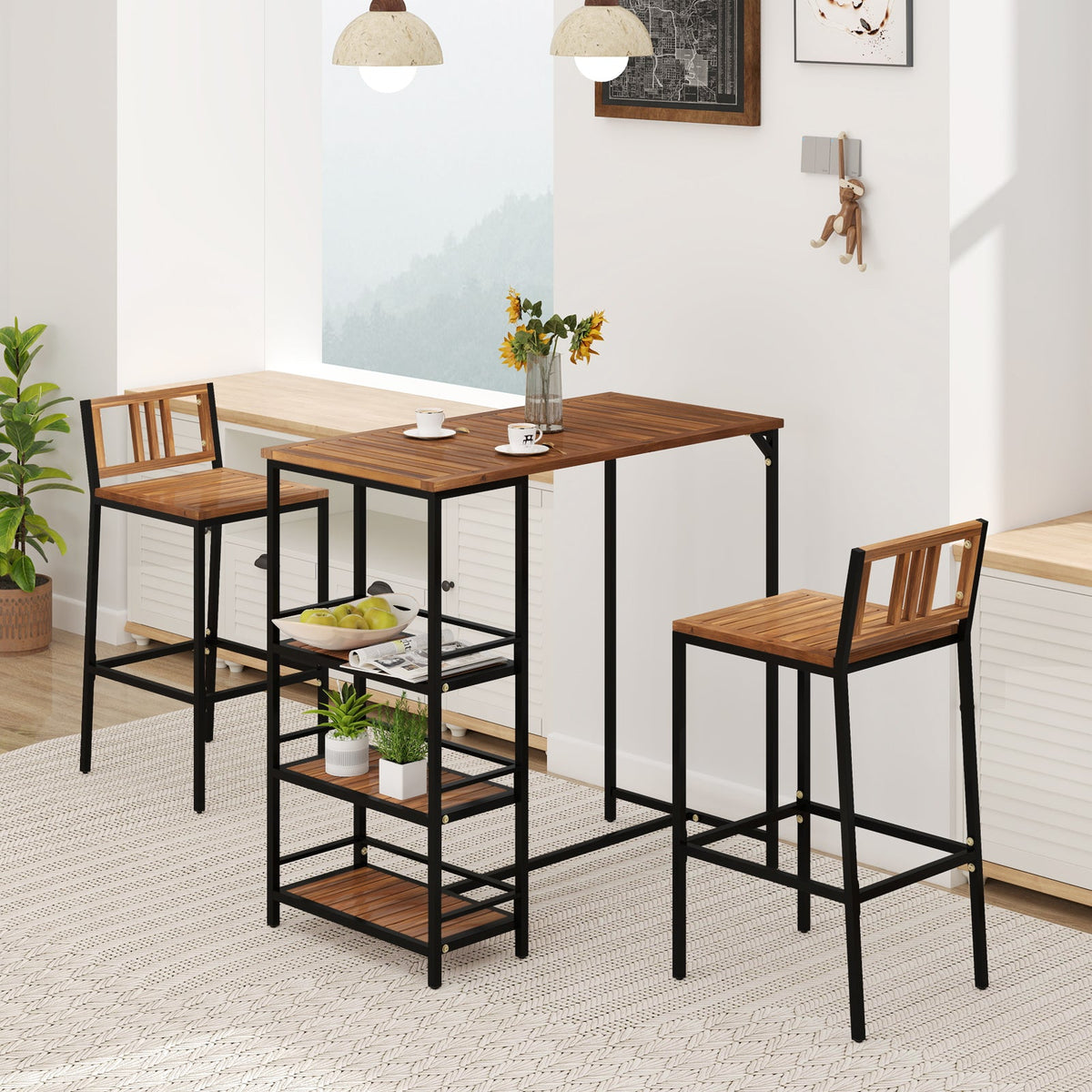 3 Pieces Outdoor Wood Bar Set with 3-Tier Storage Shelf and Metal Frame