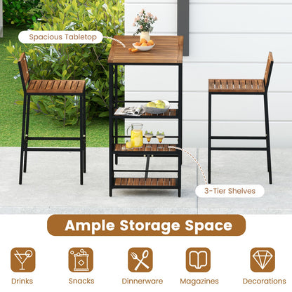 3 Pieces Outdoor Wood Bar Set with 3-Tier Storage Shelf and Metal Frame