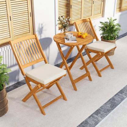 3 Pieces Acacia Wood Patio Folding Bistro Set with Soft Cushions