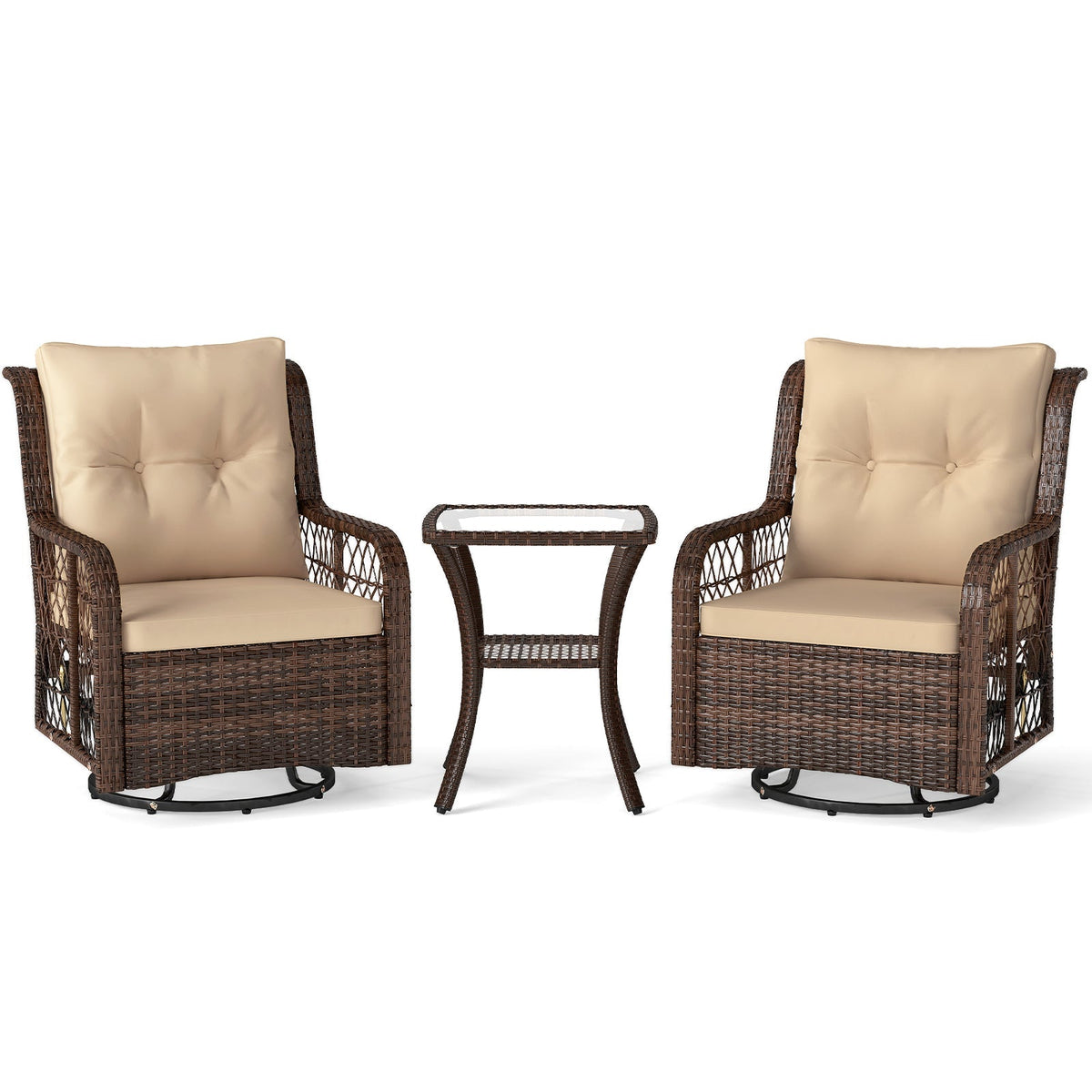 3 Pieces Patio Furniture Set PE Wicker Swivel Glider Chairs with 2-Tier Side Table and Cushions