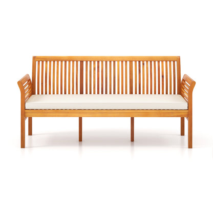 62.5 Inches Patio 3-Seat Wood Bench with Soft Seat Cushions-White